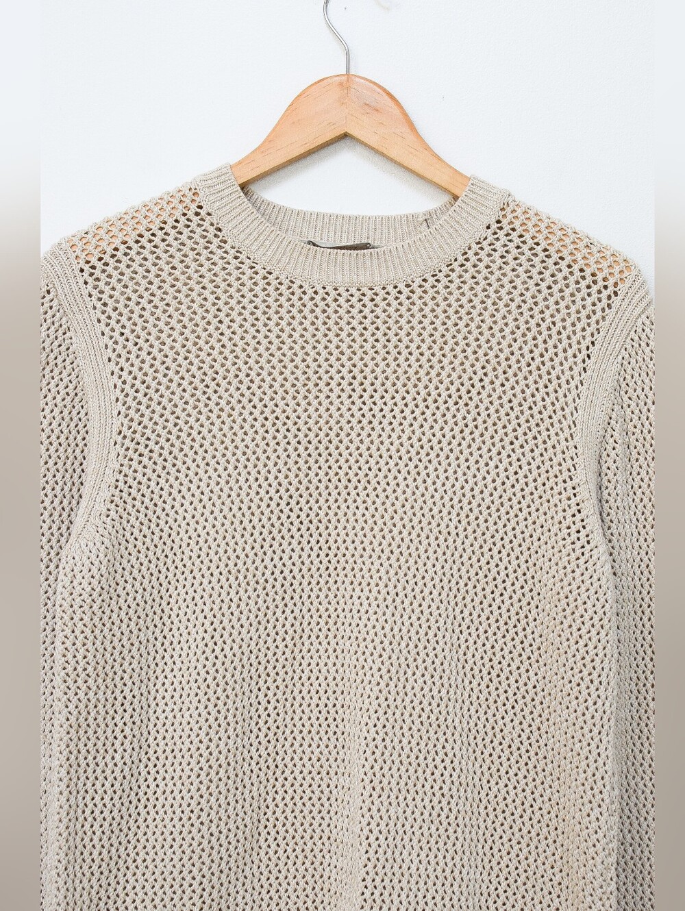 Everlane Mesh Soft Cotton Crew Neck Sweater Tan Beige Open Knit Size L Fisherman - Picture 5 of 10